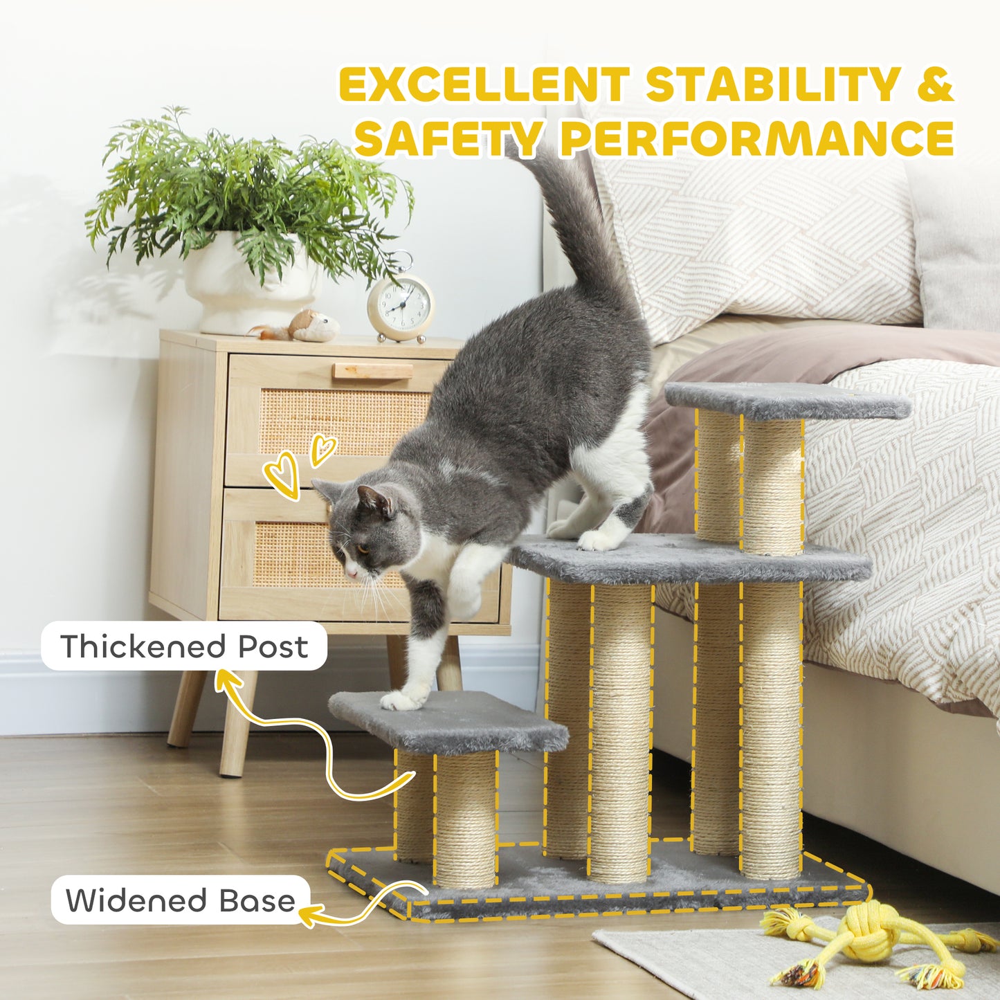 Dog Steps for Bed, 3 Step Adjustable Pet Stairs for Sofa with 6 Sisal Scratching Posts for Small Dogs & Cats, Grey