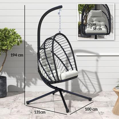 Outdoor PE Rattan Swing Chair with Foldable Basket and Cushion, Garden Patio Hanging Egg Chair with Metal Stand