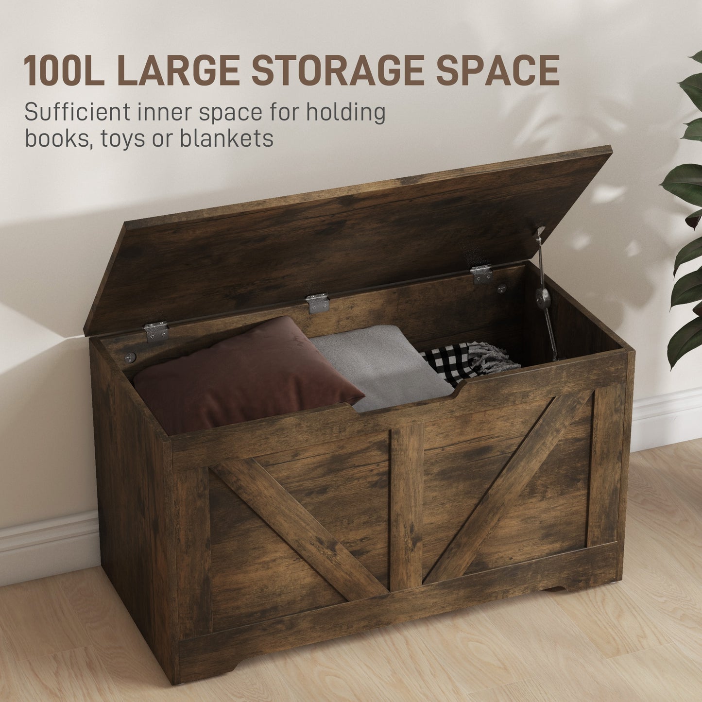 100L Home Storage Box, with Safety Hinge - Rustic Brown