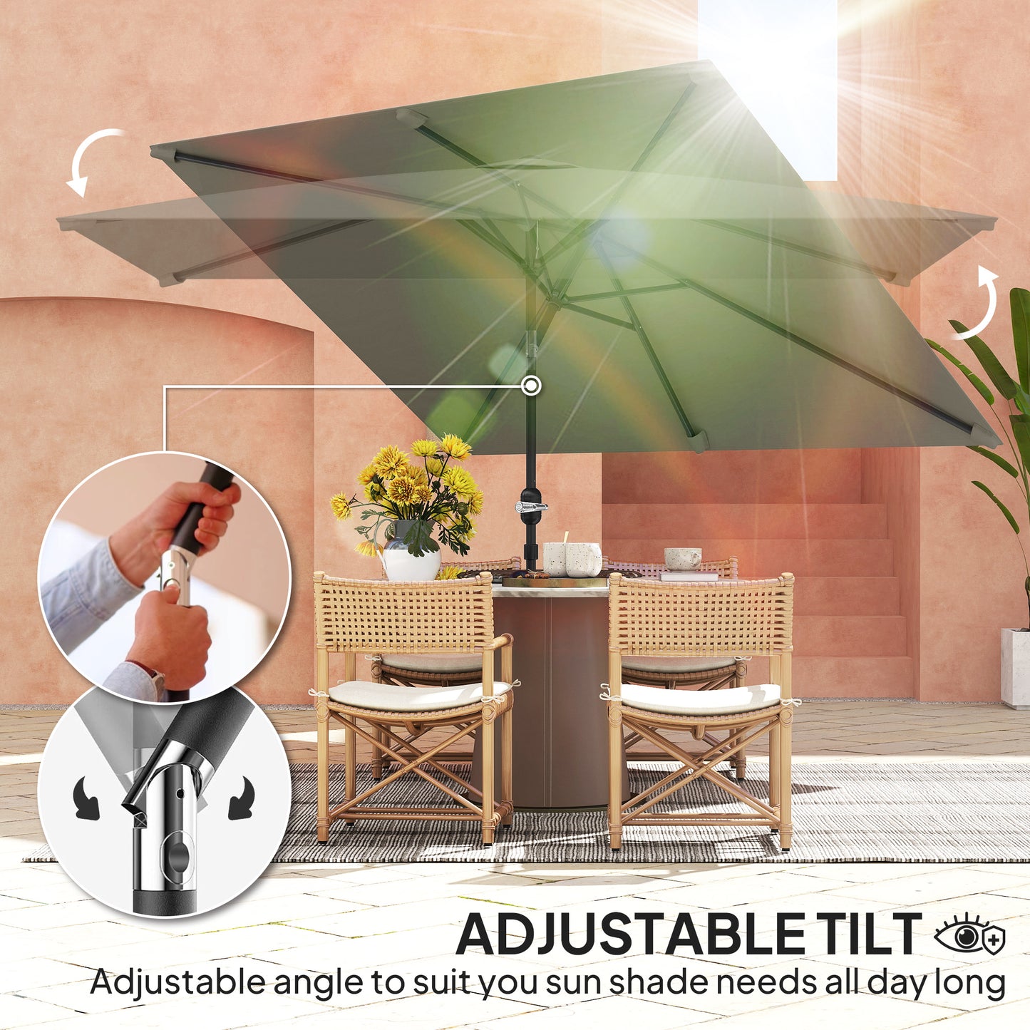 3x2m Garden Parasol Umbrella with Aluminium Pole, Tilt and Crank, Rectangular Outdoor Table Parasol Sun Shade for Patio