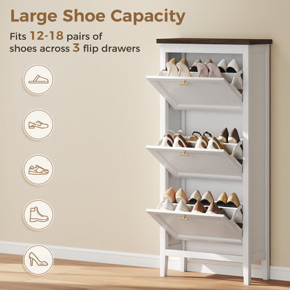Shoe Cabinet with 3 Flip Drawers, Farmhouse Narrow Shoe Storage Cabinet with Adjustable Shelves, White