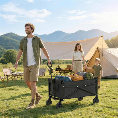 81L Festival Trolley on Wheels, Compact Garden Folding Trolley Cart with Adjustable Handle 80L Black