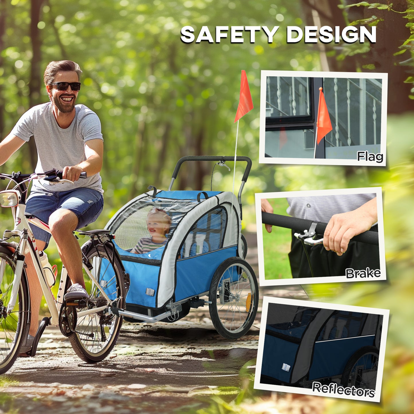 2 Seat Bike Trailer with 5 Point Harness, Baby Bike Stroller with Safety Flag, Reflectors, for 18+ Months, Blue