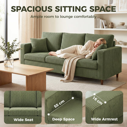 3 Seater Sofa with Wide Seat, Corduroy Fabric Couch with Deep Seat, Spring Cushion, Green