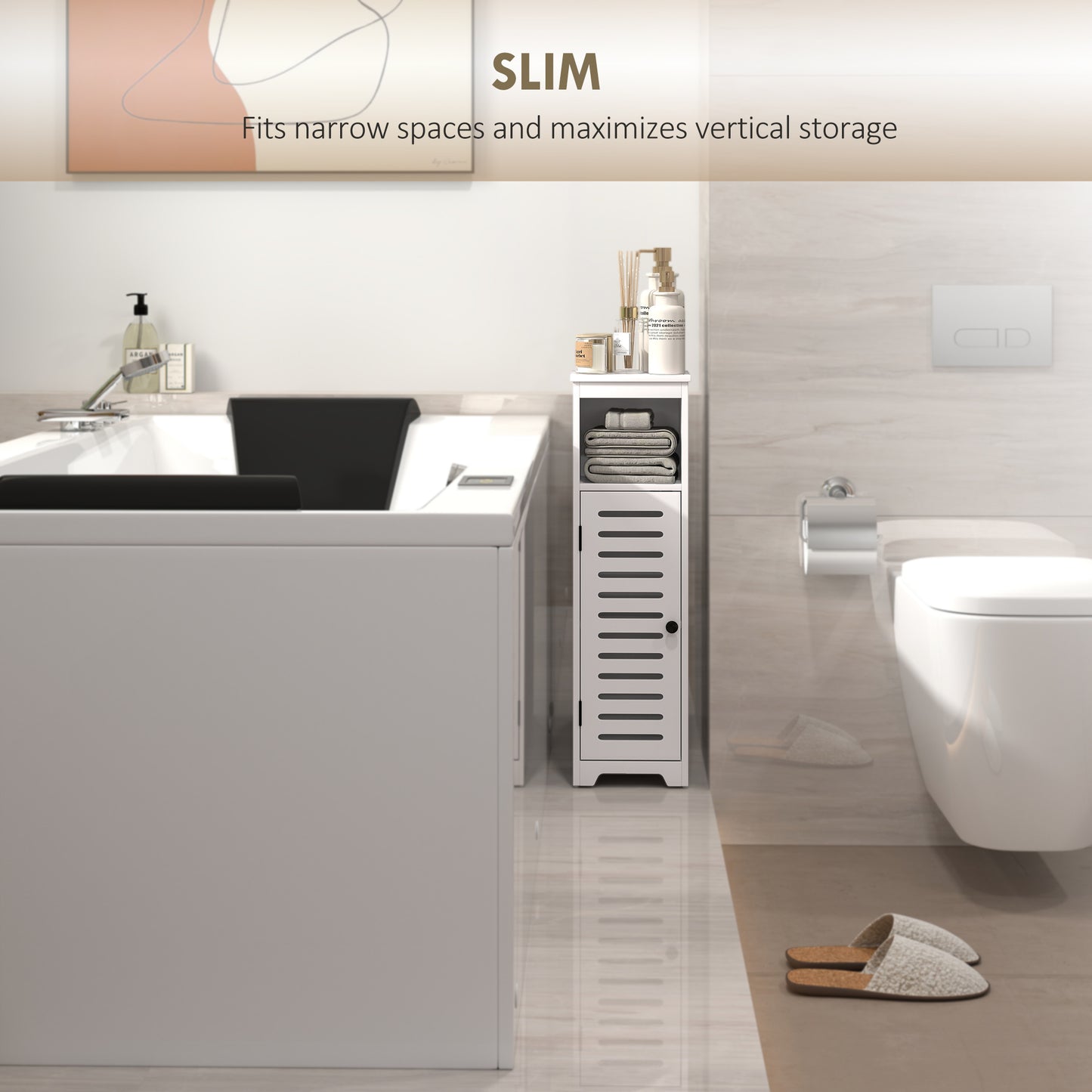 Bathroom Floor Cabinet, Bathroom Storage Unit with Louvered Door, Open Shelf, Adjustable Shelf, White, 22 x 20 x 75 cm