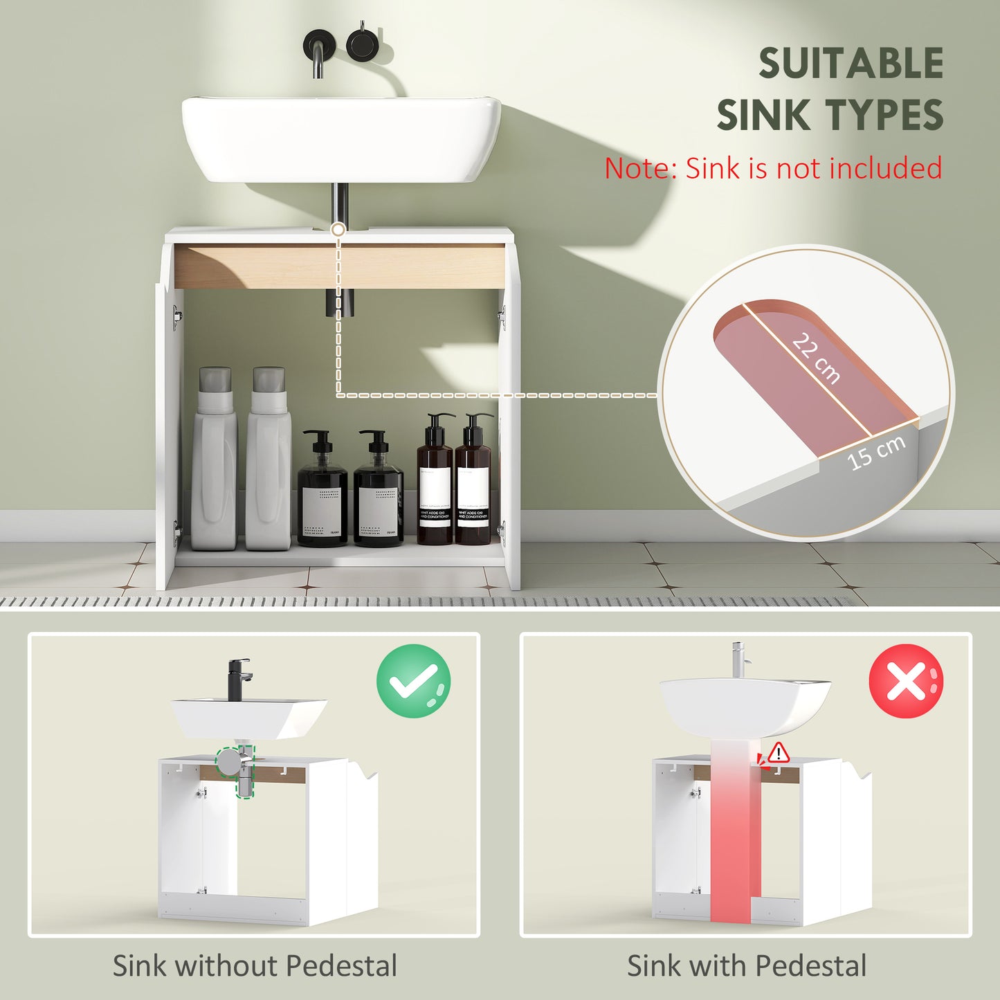 Under Sink Bathroom Cabinet, Bathroom Storage Cabinet with Soft-Close Doors, for Basin without Pedestal, White