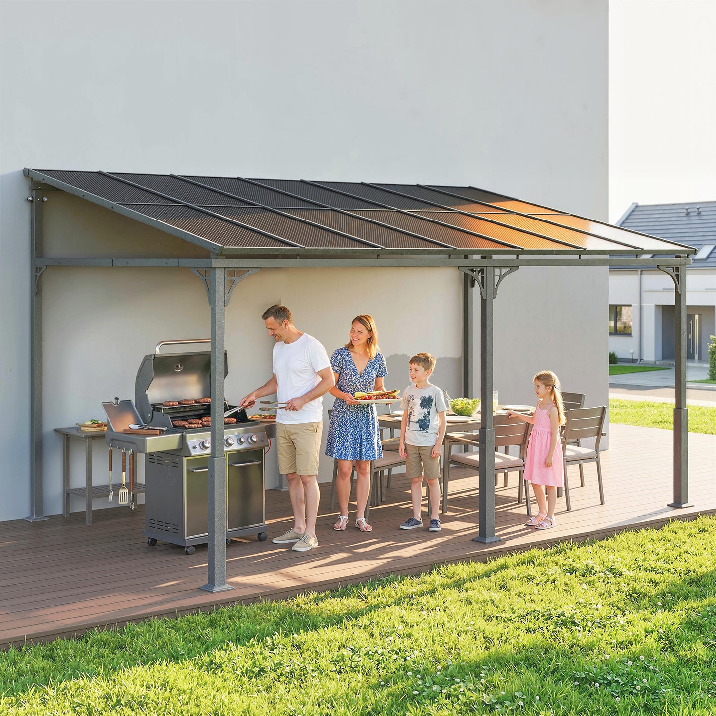 4 x 3 m Metal Lean-to Pergola, Wall-Mounted Garden Pergola with Polycarbonate Roof and Metal-Aluminium Frame