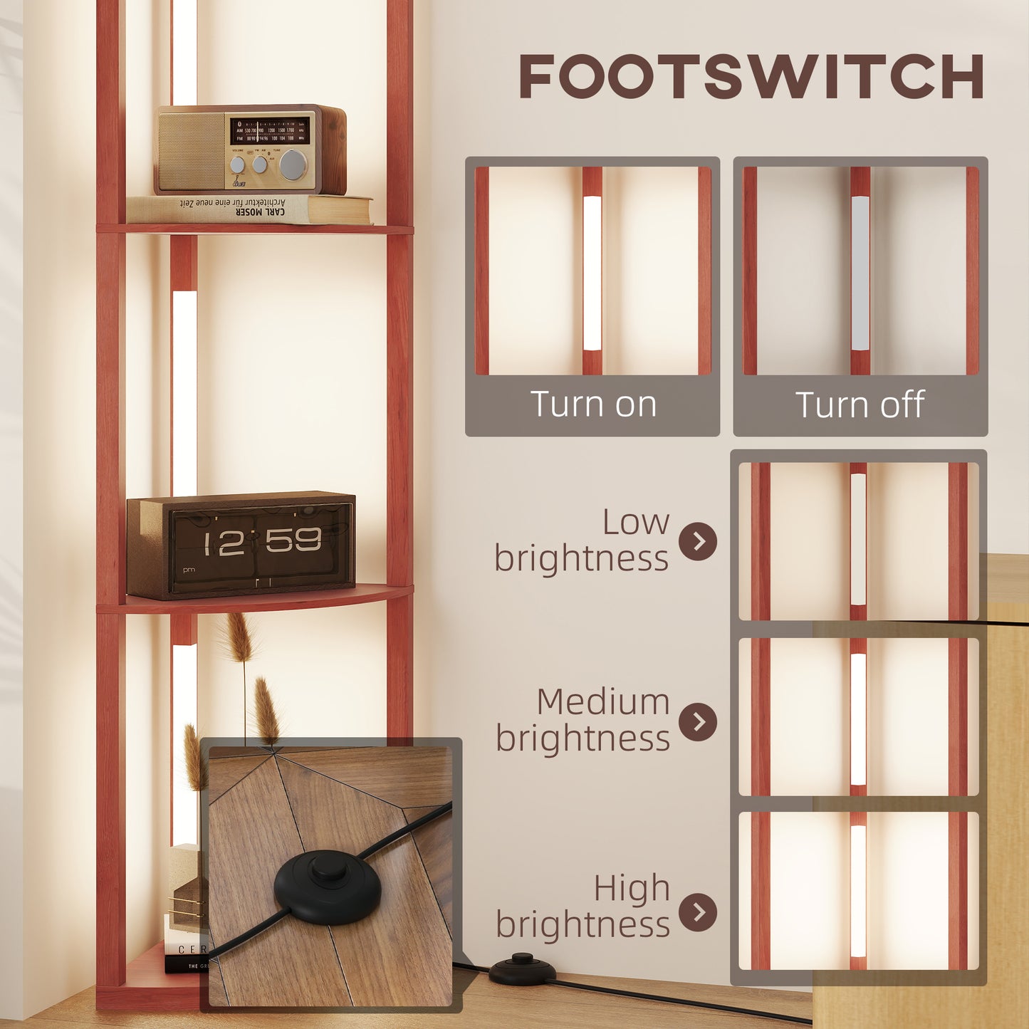 Corner Floor Lamp for Living Room Bedroom with Warm White LED Light, Modern Tall Standing Lamp, Brown