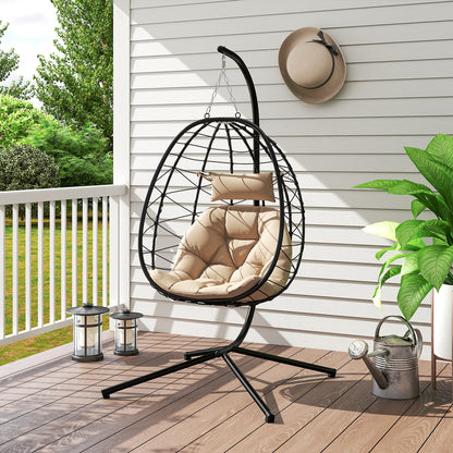 Hanging Egg Chair Outdoor Indoor Garden Swing Chair with Folding Basket, Thickened Cushion, Garden Hanging Chair with Stand