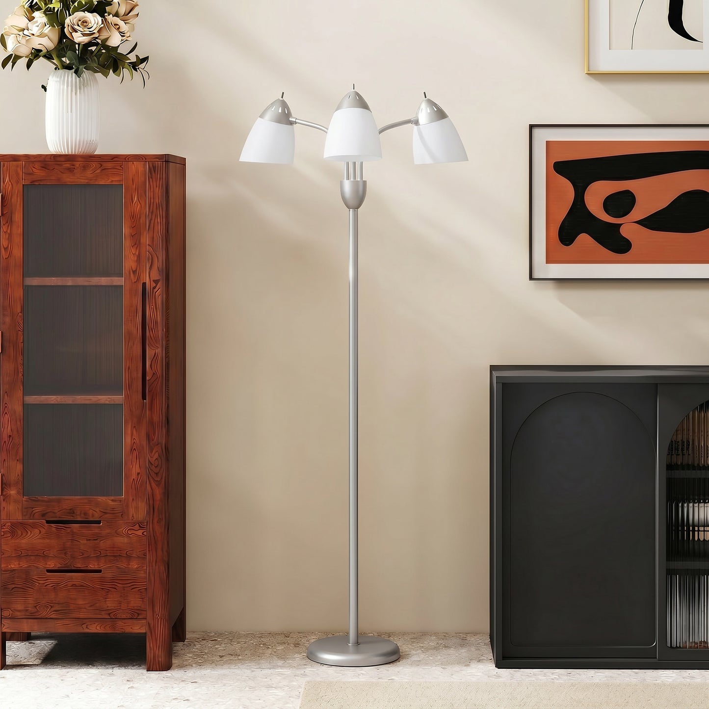 Arc Tree Floor Lamp with 3 Adjustable Rotating Lights, Industrial Standing Lamp with Steel Frame, Silver Tone