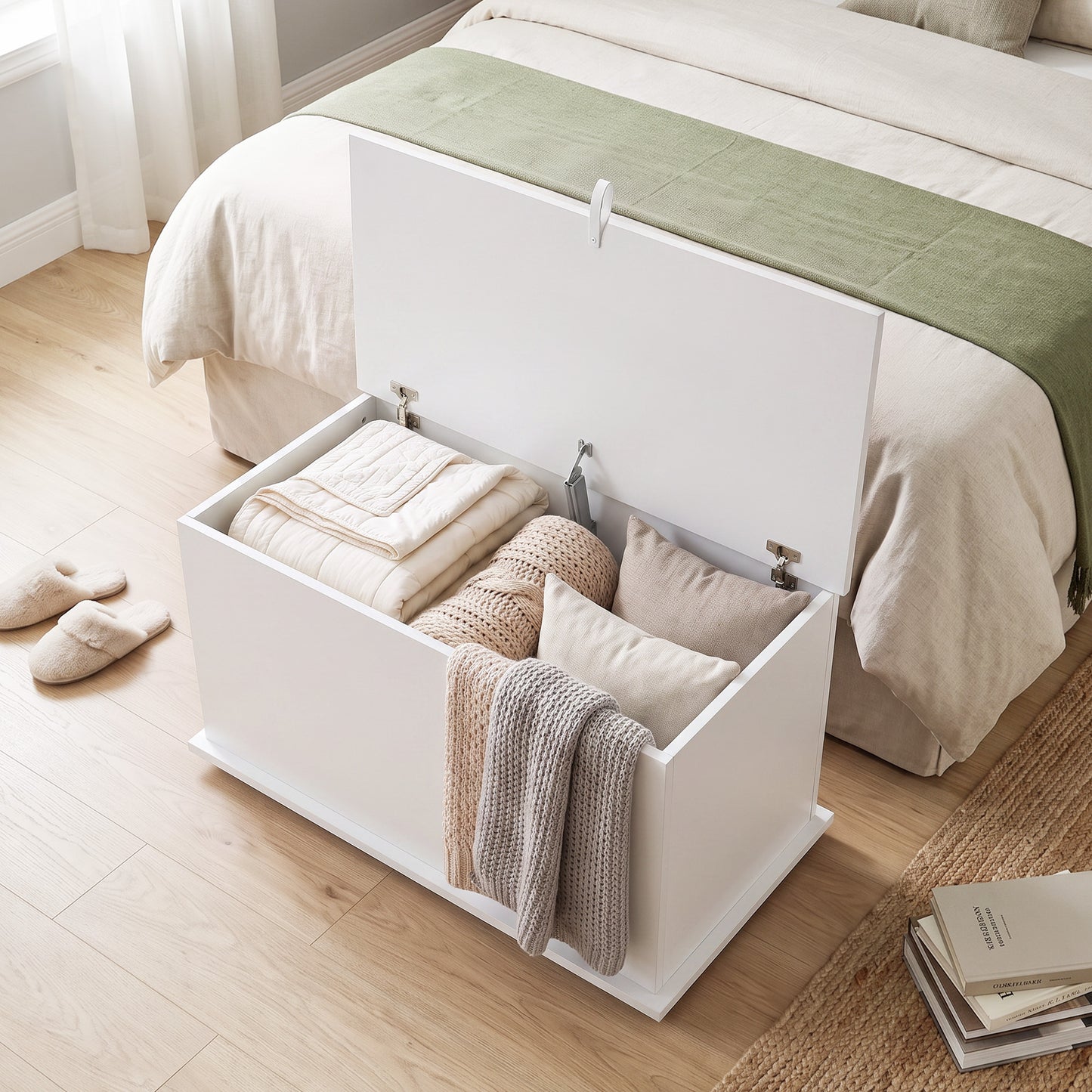 Storage Chest, 102L Blanket Box, Shoe Bench with Safety Hinged Lid, Bed End Bench for Bedroom, 80 x 40 x 45cm, White