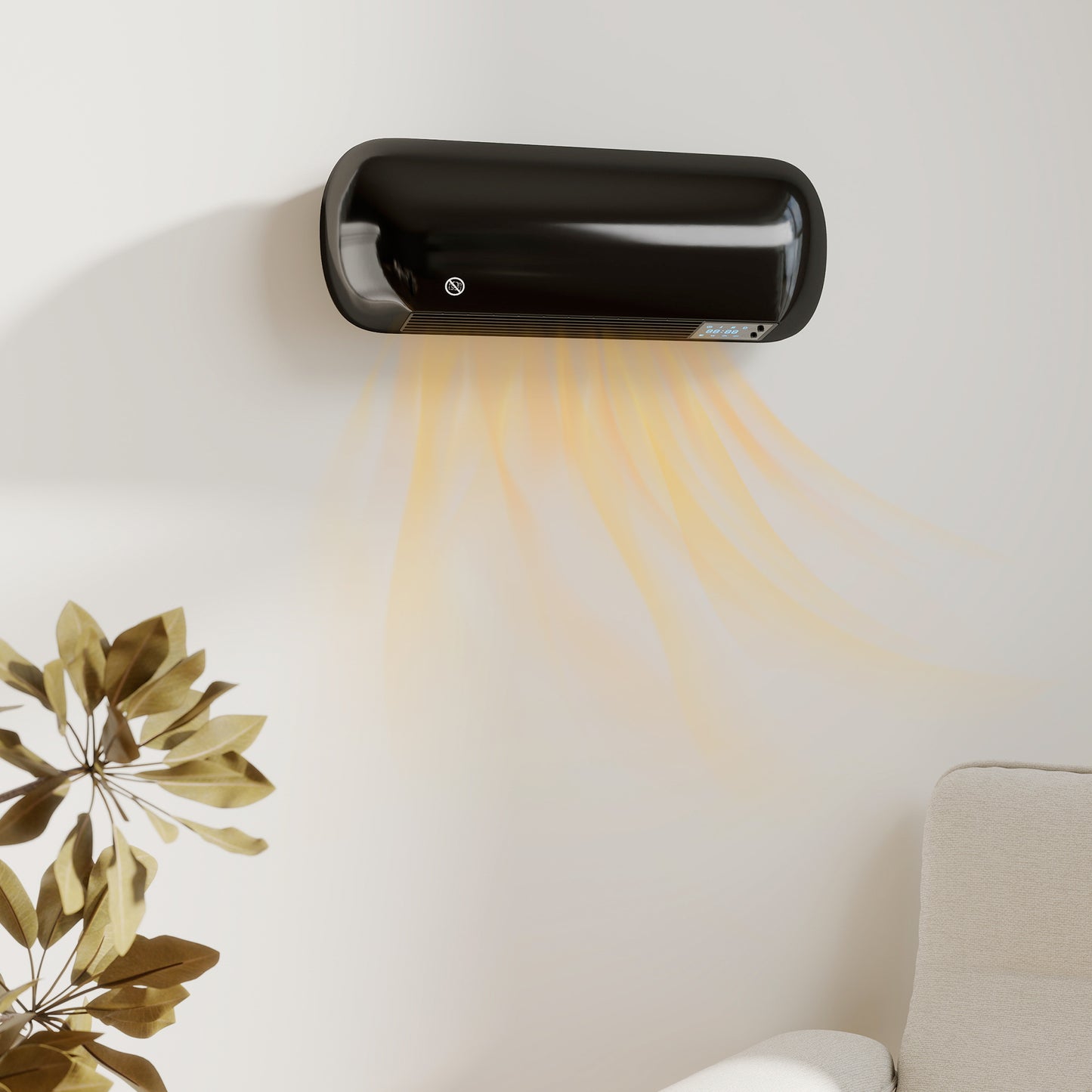 2000W Ceramic Electric Heater with Fan, Adjustable Thermostat, Wall Mounted - Black