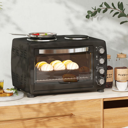 36L Small Oven with 2 Hot Plates, Countertop Toaster Oven, Grill, Roast, Bake, Boil, with Timer, Adjustable Temperature