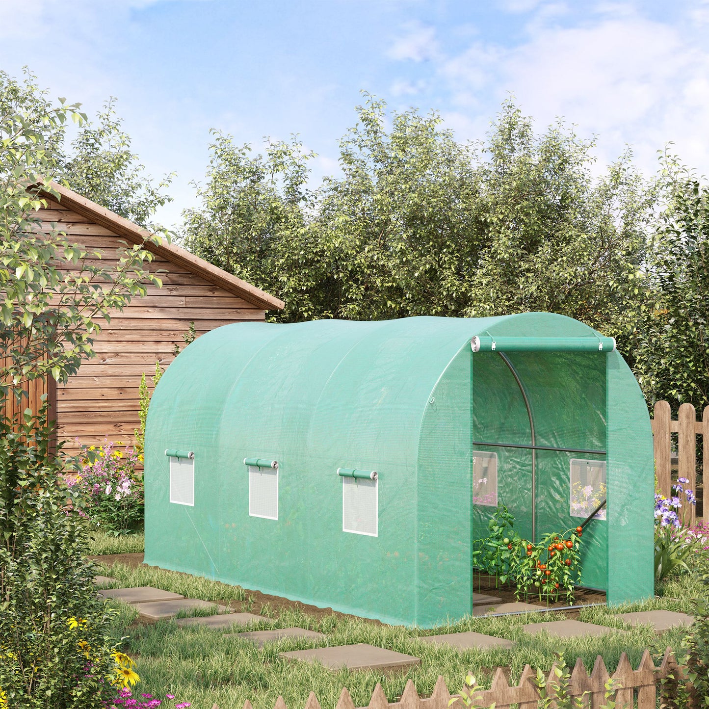 4 x 2 x 2 m Polytunnel Greenhouse with Roll-up Door and 6 Mesh Windows