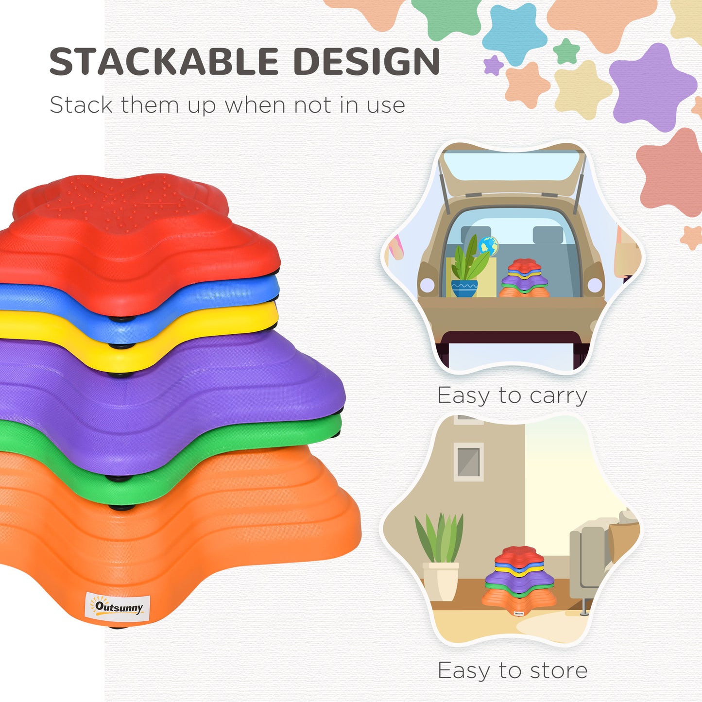 Balance Stepping Stones Kids, 6-Piece Starfish Style Non-slip Obstacle Course, Stackable Balance Blocks