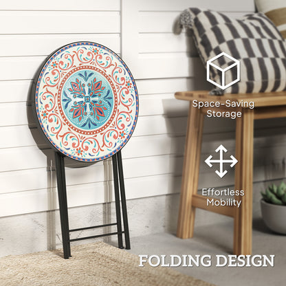 Mosaic Outdoor Garden Table, 35.5cm Round Folding Coffee Table with Metal Frame for Balcony Terrace, Multicolour
