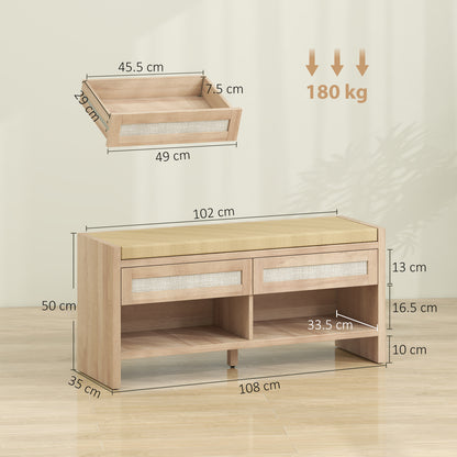 Boho Shoe Bench with 2 Rattan Drawers, Shoe Storage Bench with Cushioned Seat and Open Shelf Oak Wood Effect