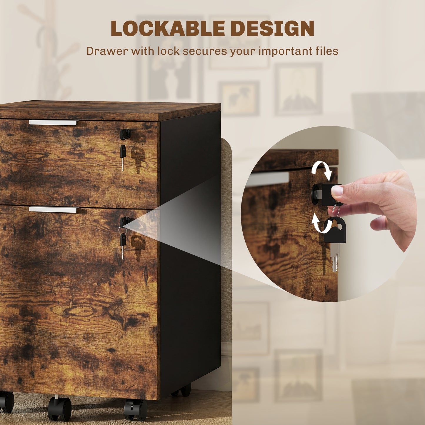 Two-Drawer Lockable Filing Cabinet - Black and Rustic Brown