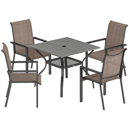 5 Pieces Outdoor Dining Set for 4, Garden Table and Stackable Chairs with Breathable Mesh Seat, Grey and Khaki