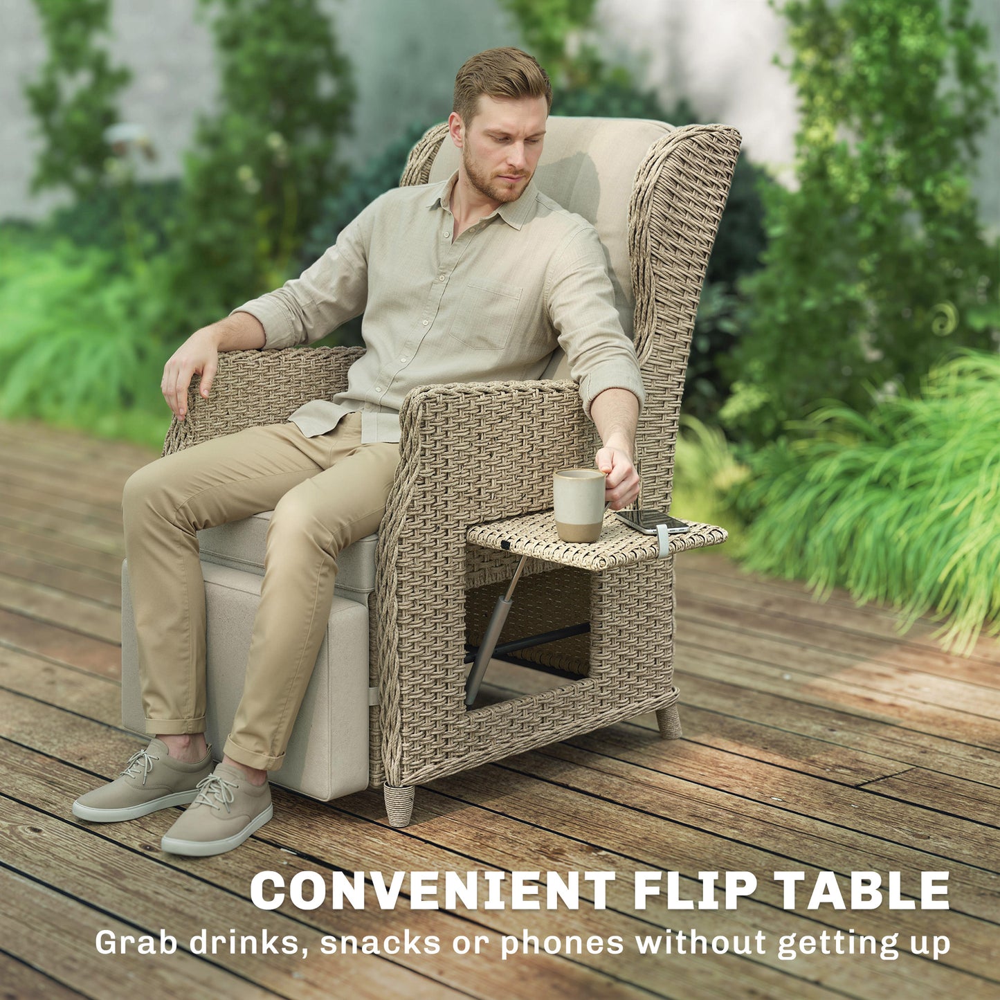 Rattan Garden Recliner Chair, Reclining Garden Chair with Adjustable Back and Footrest, Flip Table, Cushion, Brown
