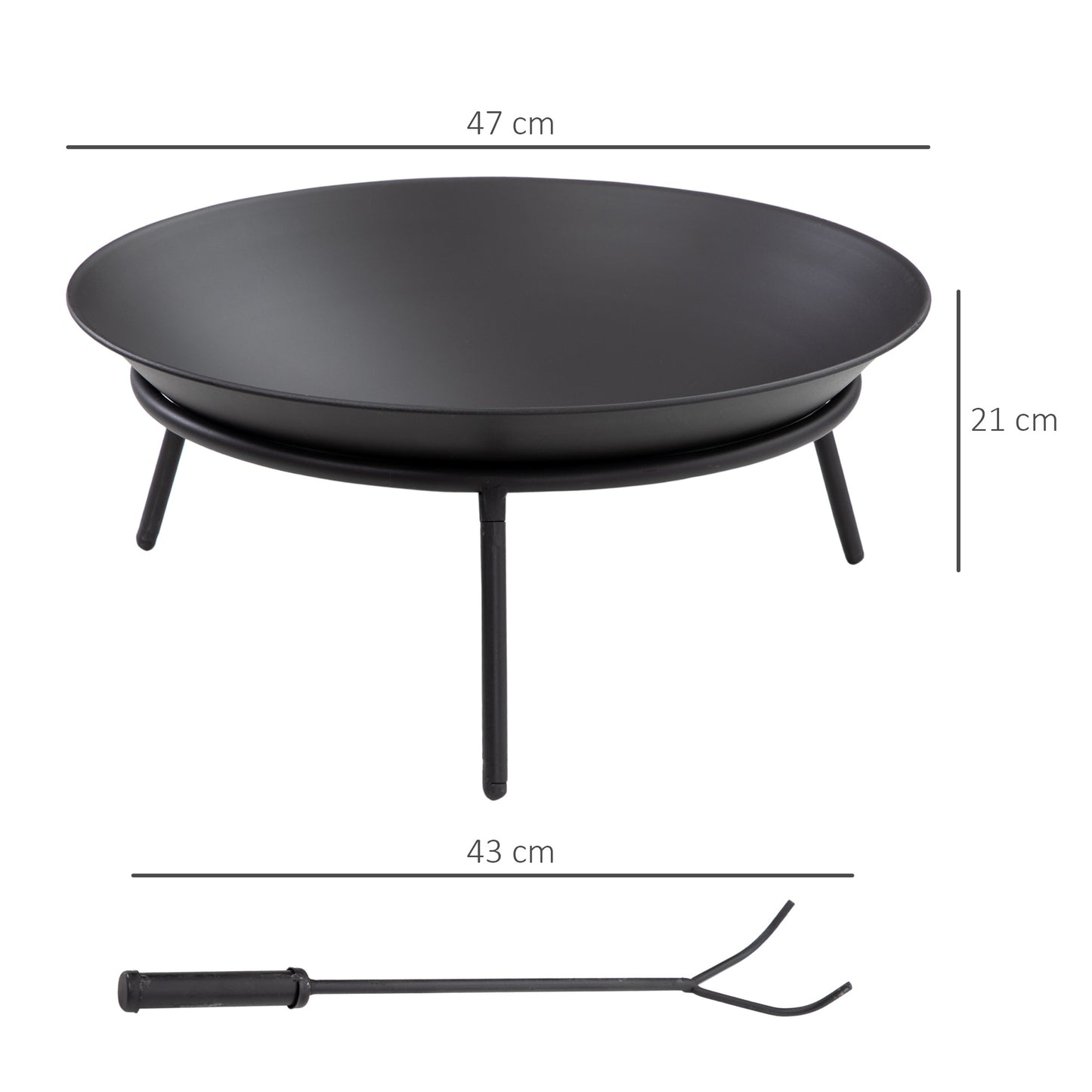 Outdoor Fire Pit, Portable Round Firepit with Poker, for Garden, Camping, Bonfire, Picnic, Dia. 47 x 21 cm, Black