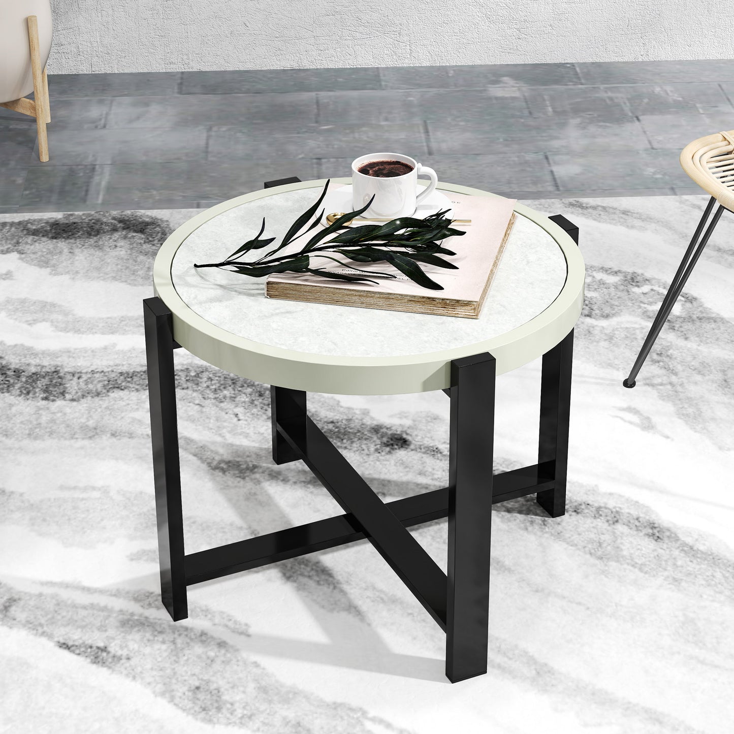 Round Small Garden Table, 60cm Outdoor Side Table with Faux Marble Tempered Glass Top, Aluminium Frame for Garden, Patio