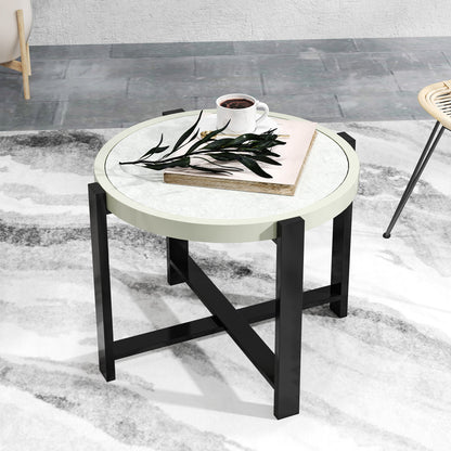 Round Small Garden Table, 60cm Outdoor Side Table with Faux Marble Tempered Glass Top, Aluminium Frame for Garden, Patio