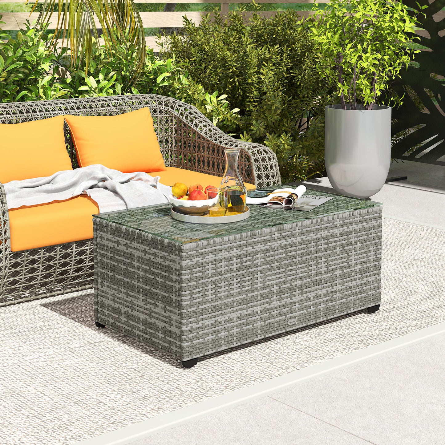 90 x 50cm Glass-Top Rattan Side Table - Light Grey
