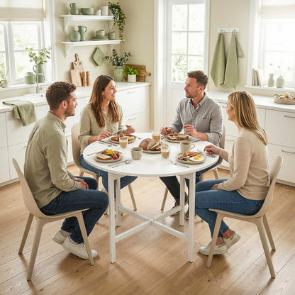 Collapsible Drop Leaf Table, Folding Dining Table for Small Spaces, Extendable Kitchen Table with Steel Frame, White