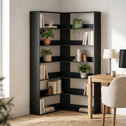 7 Tiers Bookshelf, L-Shaped Corner Bookcase with Anti-Slip Rear Guard, Black Wood Effect