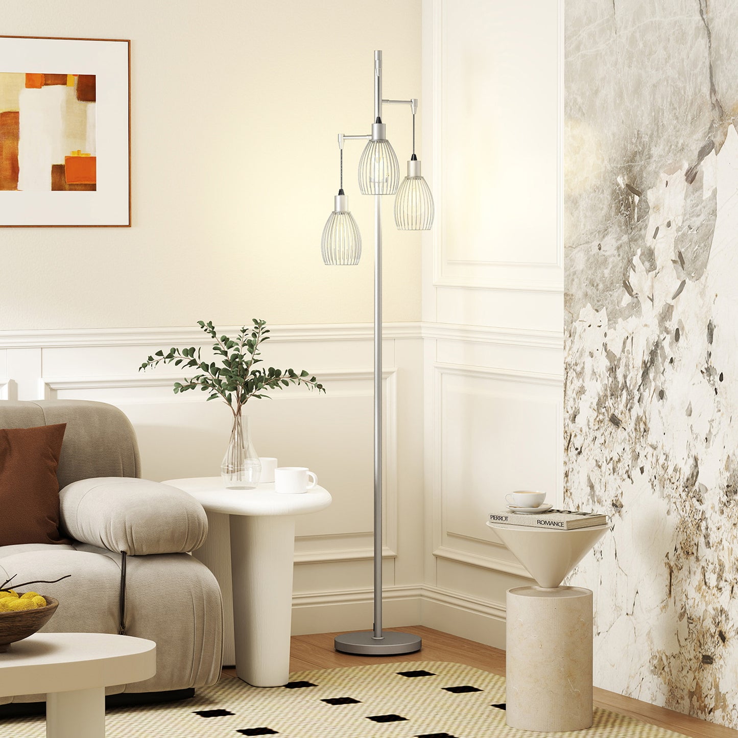 3-Light Floor Lamp, 170cm Industrial Dimmable Standing Lamp with Steel Wire Cage Lampshades for Living Room, Bedroom