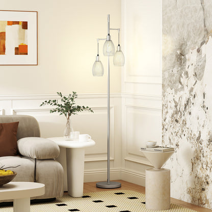 3-Light Floor Lamp, 170cm Industrial Dimmable Standing Lamp with Steel Wire Cage Lampshades for Living Room, Bedroom