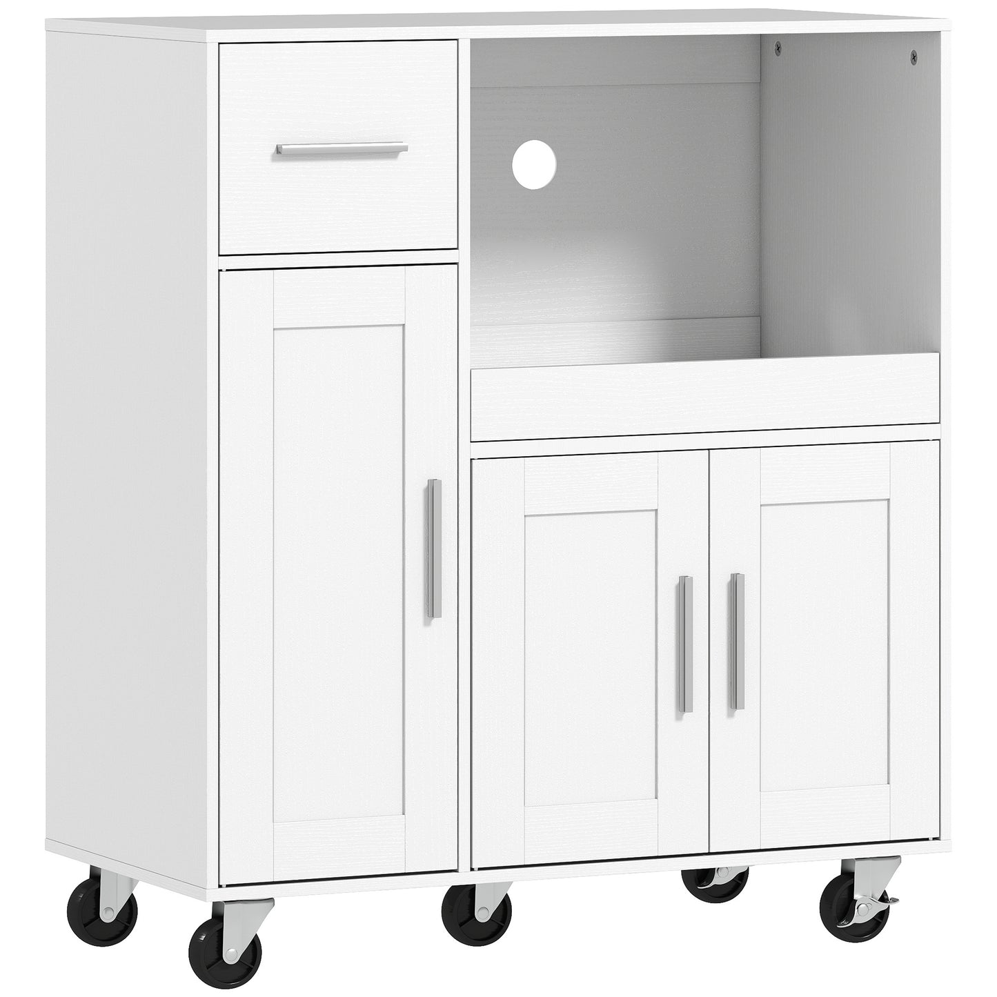 Rolling Kitchen Cart, Microwave Cabinet with Sliding Tray, Drawer, 3-Door Cupboards, Adjustable Shelf, White
