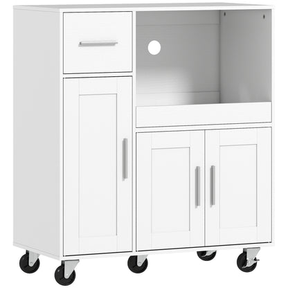 Rolling Kitchen Cart, Microwave Cabinet with Sliding Tray, Drawer, 3-Door Cupboards, Adjustable Shelf, White
