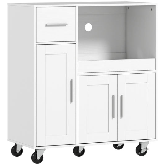 Rolling Kitchen Cart, Microwave Cabinet with Sliding Tray, Drawer, 3-Door Cupboards, Adjustable Shelf, White