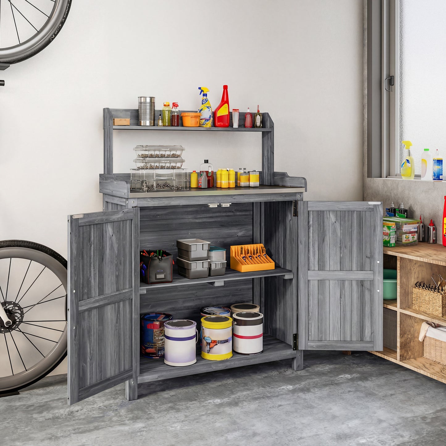 Wooden Potting Bench Table with Aluminium Worktop, Outdoor Garden Workbench with Top Shelf and Cabinet Storage