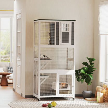 Wooden Catio Cat Outdoor Enclosure, Cat Cage with Waterproof Roof, Platforms, for Multiple Cats, White