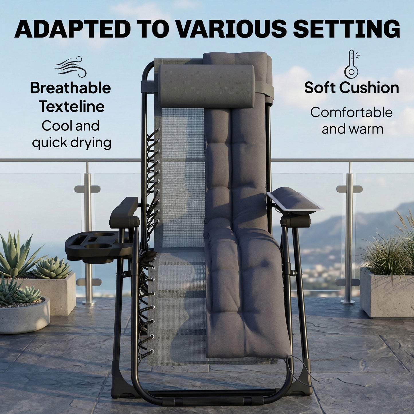 Zero Gravity Chair, Folding Sun Lounger Reclining Garden Chair with Arm Pads, Cushion, Cup Holder, Headrest, Dark Grey