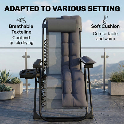 Zero Gravity Chair, Folding Sun Lounger Reclining Garden Chair with Arm Pads, Cushion, Cup Holder, Headrest, Dark Grey