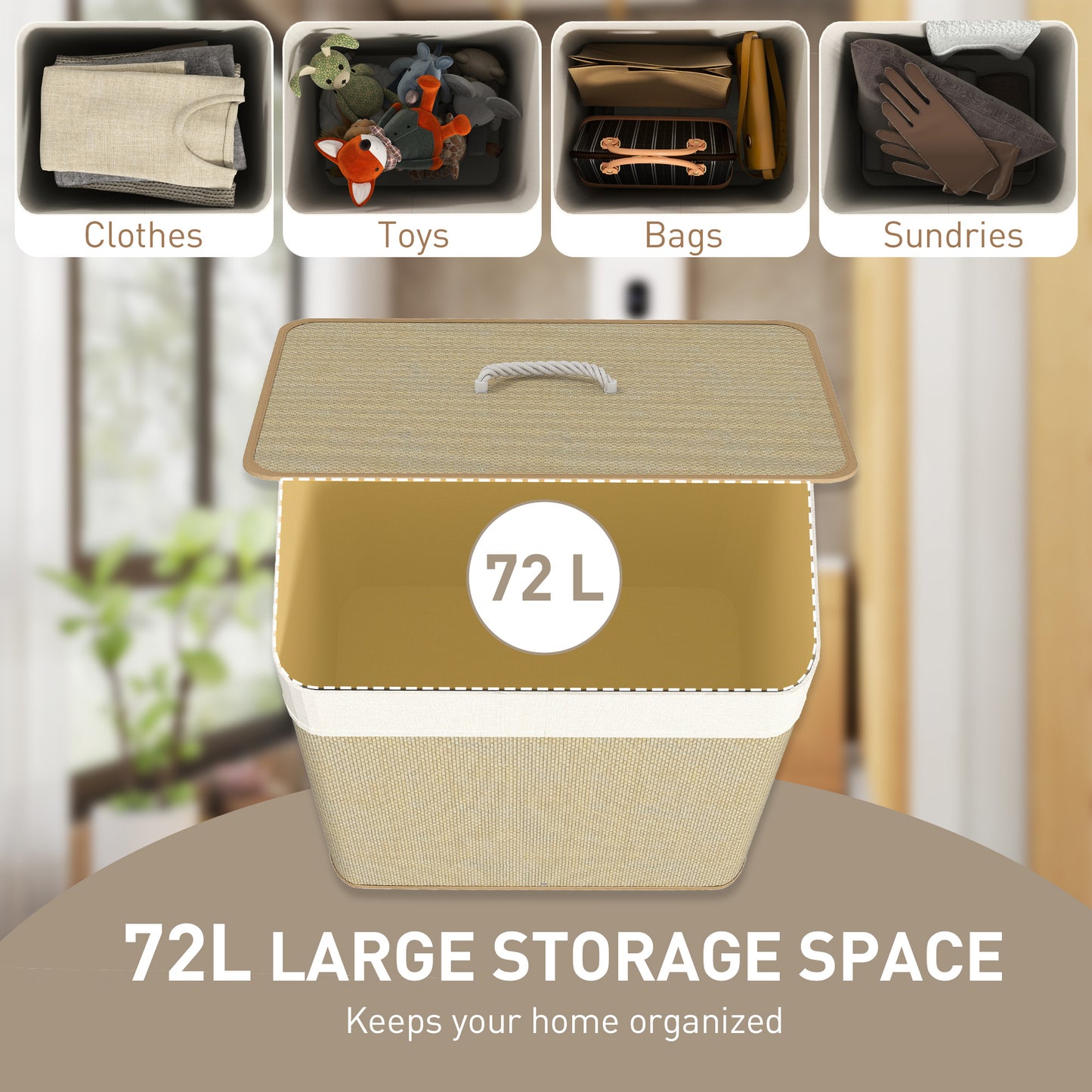 Bamboo Laundry Basket with Lid, 72L Laundry Hamper with Rope Handles