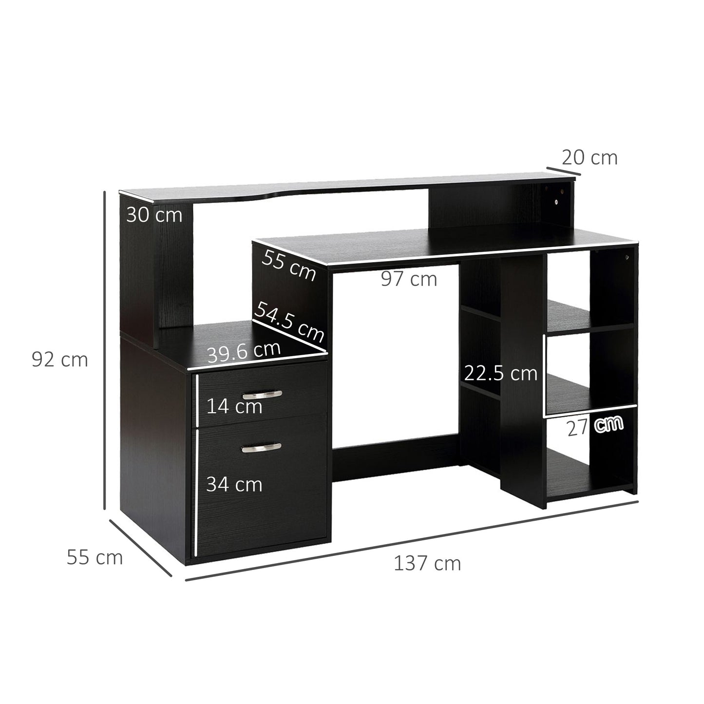 Computer Desk with Drawers and Storage Shelves, Office Desk Writing Table with Printer Stand, Black