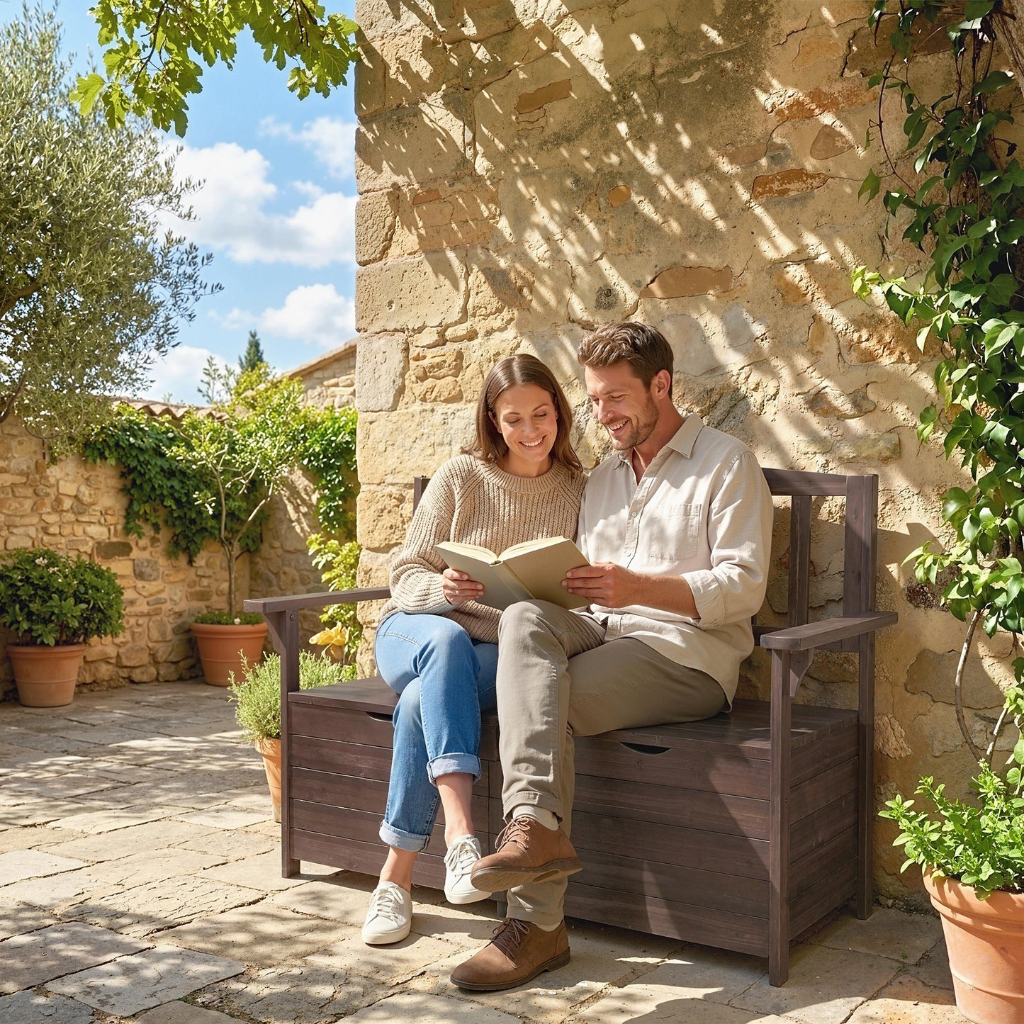 Outdoor 2 Seater Garden Bench, Wooden Bench with Storage, Backrest, Arm Rests, 112 x 84 x 58 cm, Brown