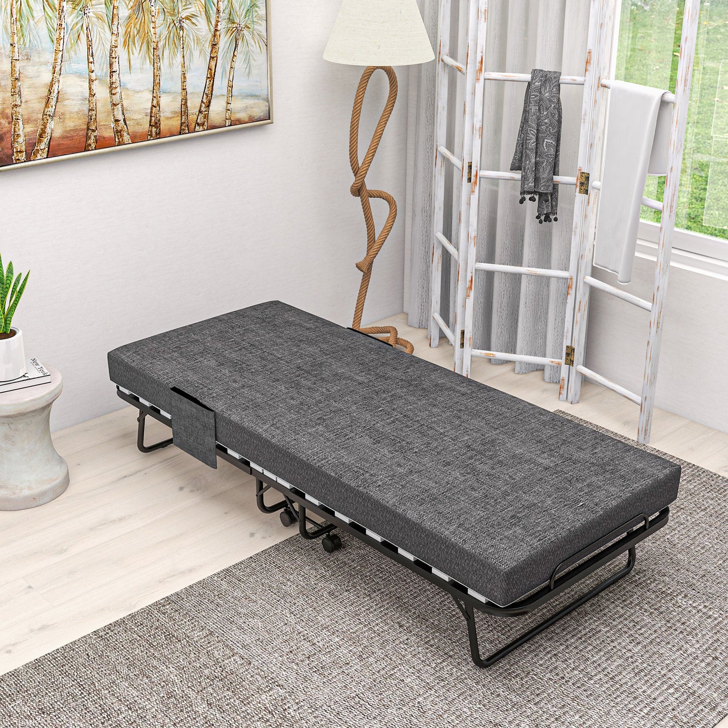 Single Steel Frame Folding Bed, with Wheels - Black/Grey