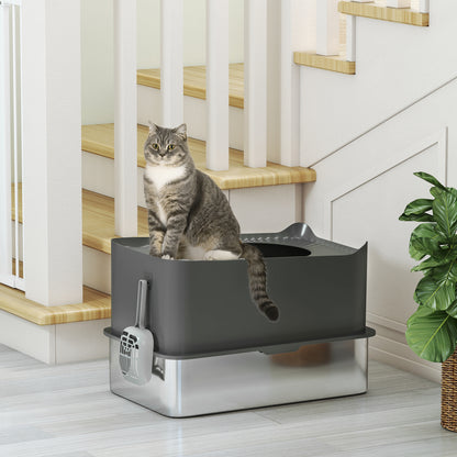 Stainless Steel Cat Litter Tray, Extra Large Enclosed Litter Box with Scoop, Top Entrance, Non-slip Pads, Dark Grey