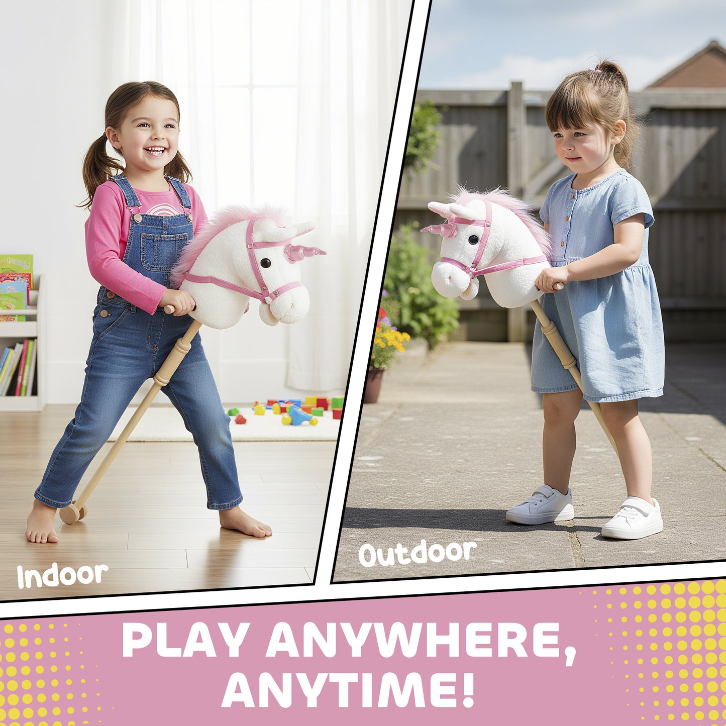 Unicorn Stick Horse with Wood Wheels, Real Pony Neighing and Galloping Sounds, Grip Handle, 95 cm, White
