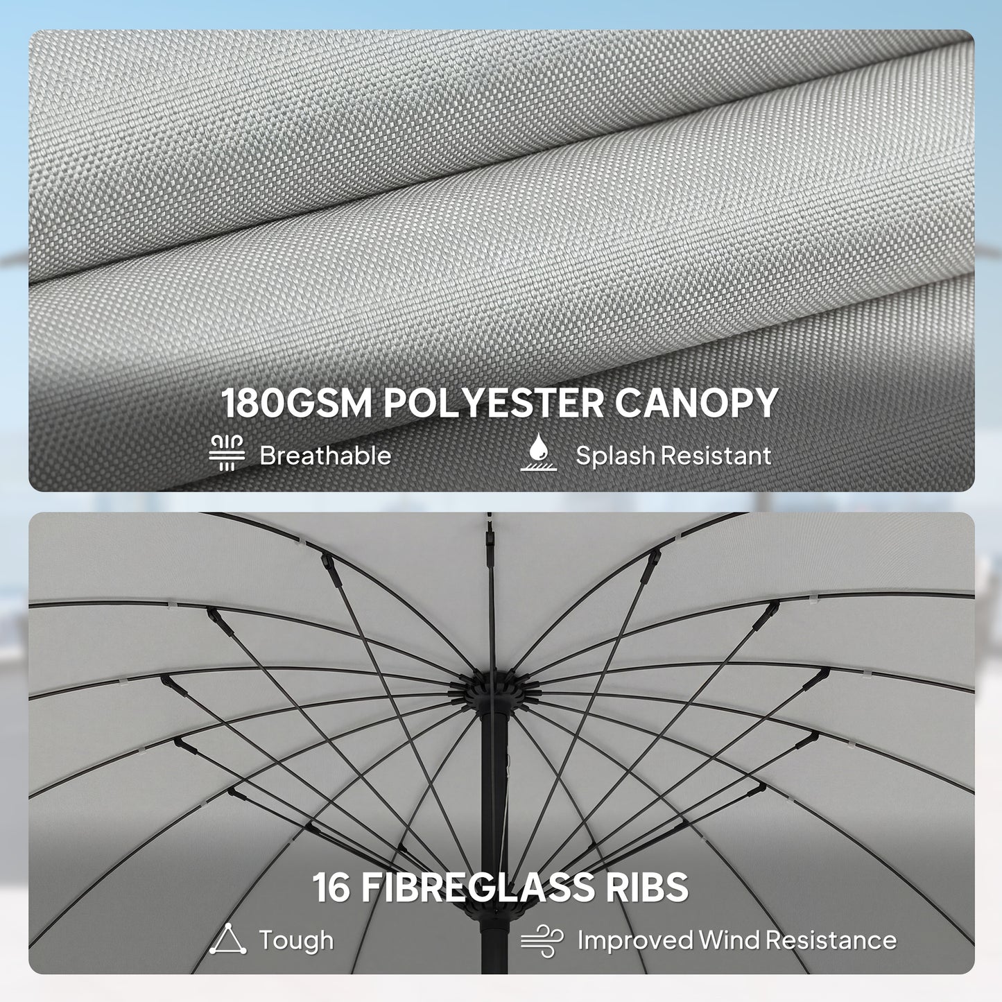2 m Shanghai Garden Parasol Umbrella with 16 Fibreglass Ribs, Outdoor Parasol Sun Shade with Crank & Tilt, Light Grey