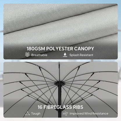 2 m Shanghai Garden Parasol Umbrella with 16 Fibreglass Ribs, Outdoor Parasol Sun Shade with Crank & Tilt, Light Grey