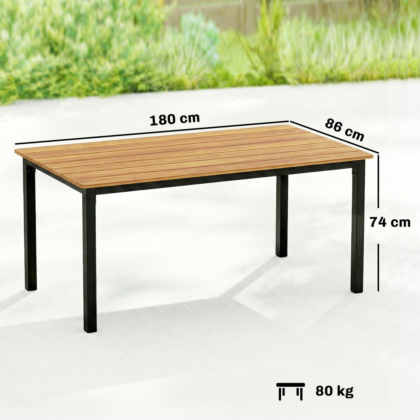 Garden Dining Table for 6-8 Person, 180 x 86 cm Rectangular Outdoor Dining Table with Wood Slatted Top, Teak