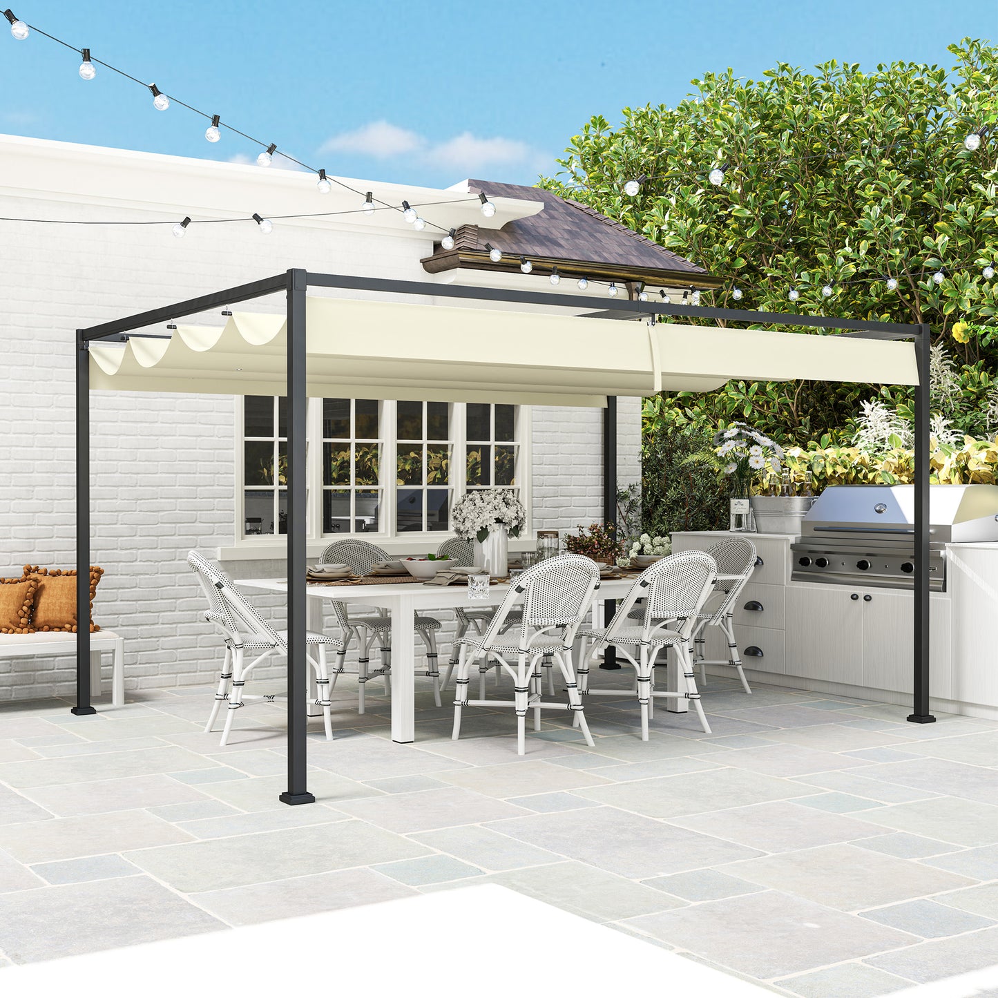 4 x 3(m) Metal Pergola with Retractable Roof, Garden Gazebo Canopy Shelter for Outdoor, Patio, Cream White