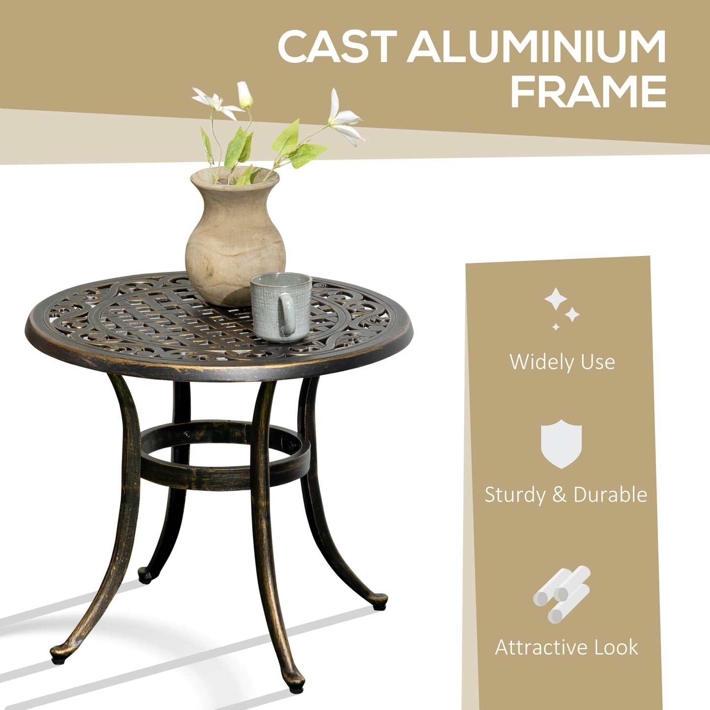 Outdoor Garden Table, Cast Aluminium Patio End Table with Anti-slip Foot Pads for Garden, Patio, Balcony, 60 x 60 cm